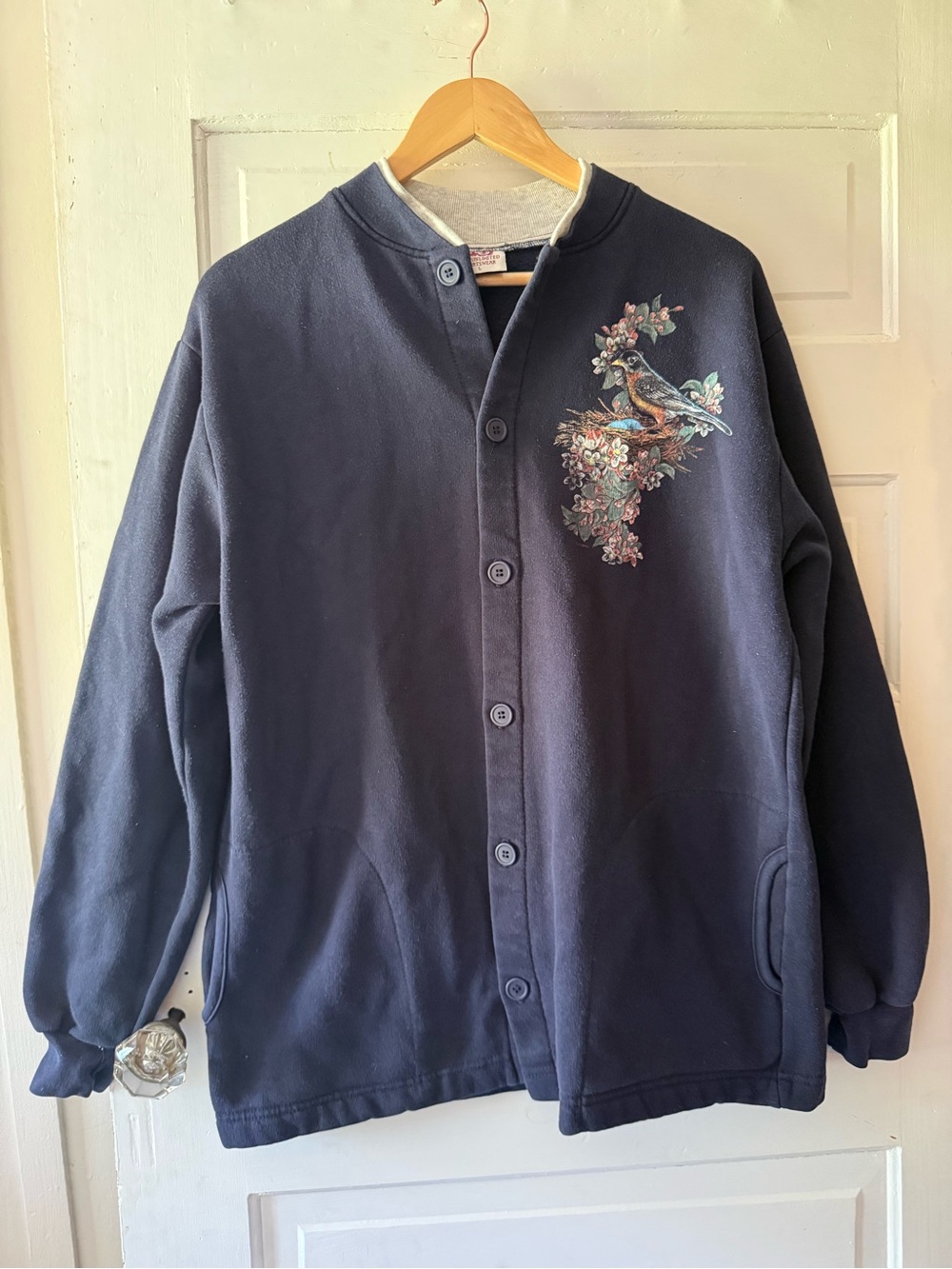 Retro Art Unlimited Navy Button-Front Cardigan Jacket with Robin Bird Print